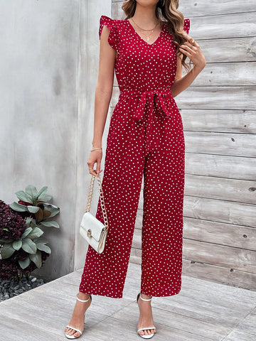 Women'S Jumpsuit With Ruffle Hem And Decorative Belt