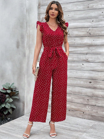 Women'S Jumpsuit With Ruffle Hem And Decorative Belt