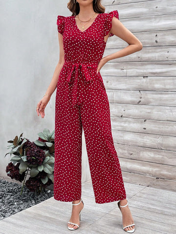 Women'S Jumpsuit With Ruffle Hem And Decorative Belt