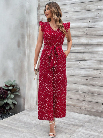 Women'S Jumpsuit With Ruffle Hem And Decorative Belt