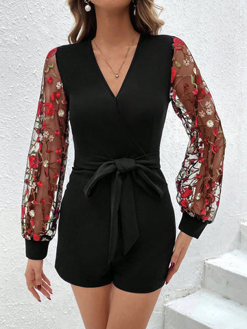 Women'S Lace Splice Embroidery Mesh Sash Belt Jumpsuit
