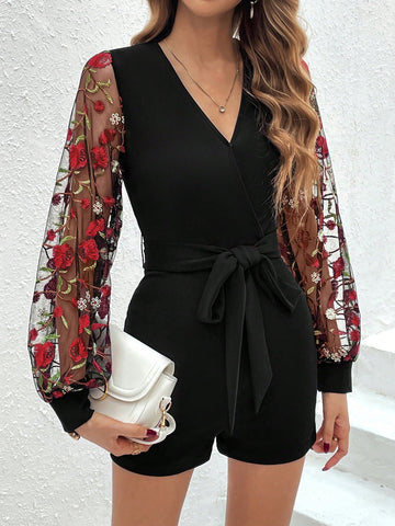 Women'S Lace Splice Embroidery Mesh Sash Belt Jumpsuit