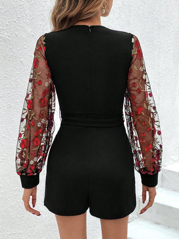 Women'S Lace Splice Embroidery Mesh Sash Belt Jumpsuit