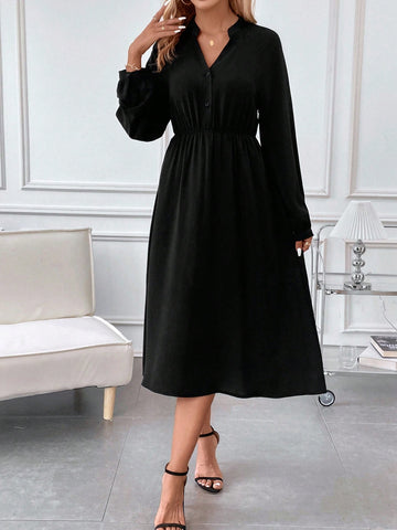 Women'S Lantern Sleeve Notch Neck Shift Dress