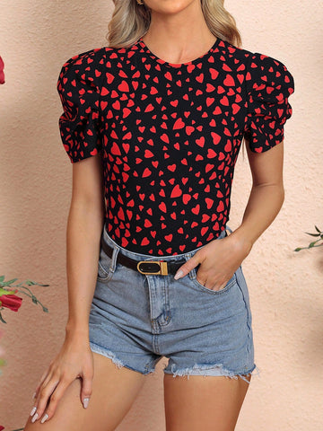 Women'S Love Heart Printed Round Neck Short Puff Sleeve Bodysuit