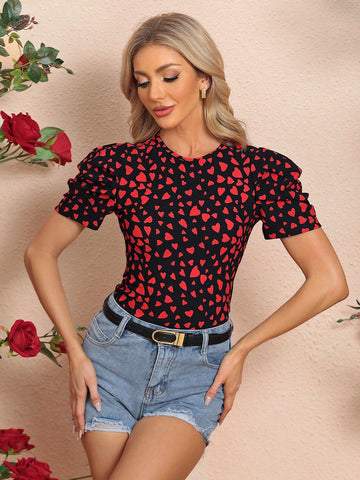 Women'S Love Heart Printed Round Neck Short Puff Sleeve Bodysuit