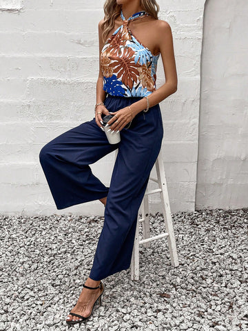 Women'S Plant Print Halter Top And Wide Leg Pants Two Piece Set