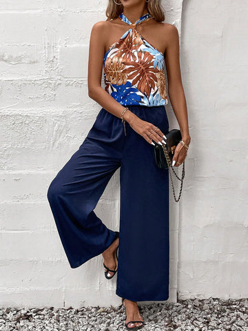 Women'S Plant Print Halter Top And Wide Leg Pants Two Piece Set