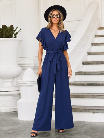 Women'S Solid Color Ruffle Edge Jumpsuit With Waist Belt