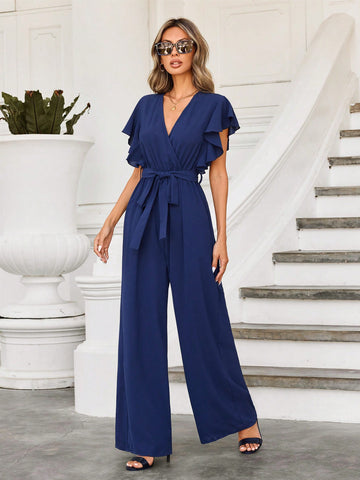 Women'S Solid Color Ruffle Edge Jumpsuit With Waist Belt