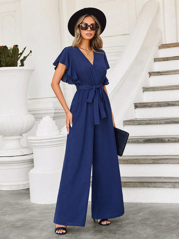 Women'S Solid Color Ruffle Edge Jumpsuit With Waist Belt