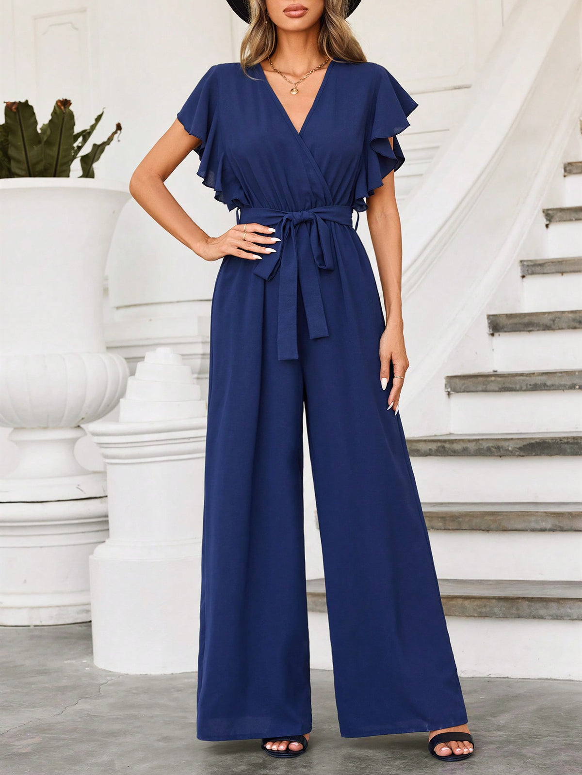 Women'S Solid Color Ruffle Edge Jumpsuit With Waist Belt