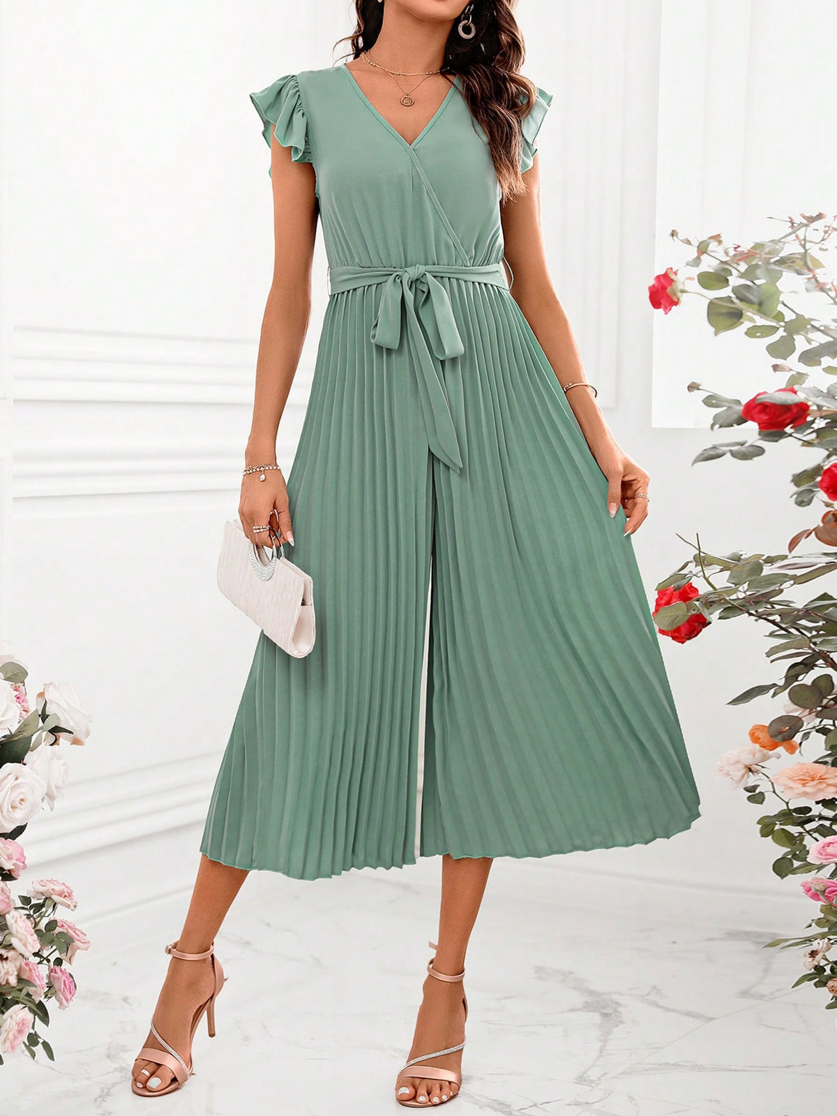Women'S Solid Color Short Flutter Sleeve Jumpsuit With Pleated Hem