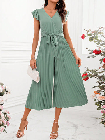 Women'S Solid Color Short Flutter Sleeve Jumpsuit With Pleated Hem