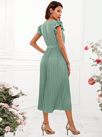 Women'S Solid Color Short Flutter Sleeve Jumpsuit With Pleated Hem