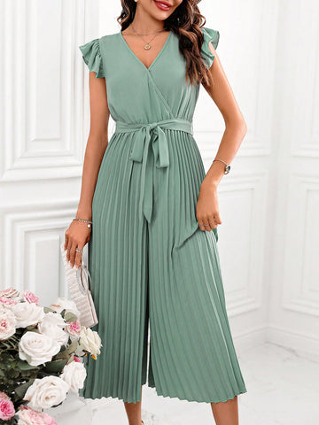 Women'S Solid Color Short Flutter Sleeve Jumpsuit With Pleated Hem