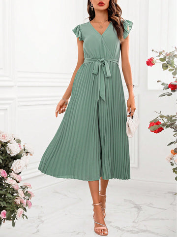 Women'S Solid Color Short Flutter Sleeve Jumpsuit With Pleated Hem