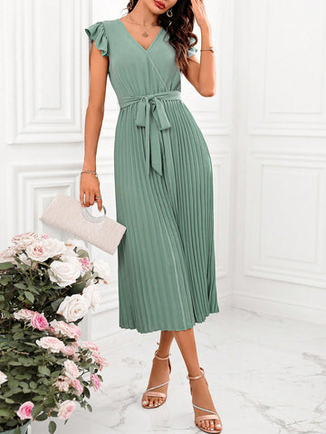 Women'S Solid Color Short Flutter Sleeve Jumpsuit With Pleated Hem