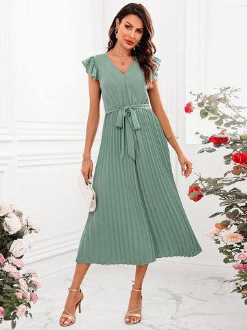 Women'S Solid Color Short Flutter Sleeve Jumpsuit With Pleated Hem