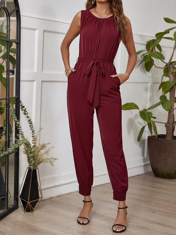 Women'S Solid Color Tapered Leg Jumpsuit