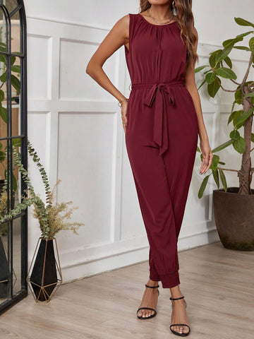 Women'S Solid Color Tapered Leg Jumpsuit