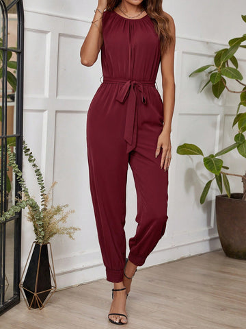 Women'S Solid Color Tapered Leg Jumpsuit