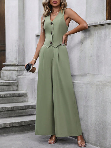 Women'S Solid Color Vest And Wide Leg Pants Two-Piece Set