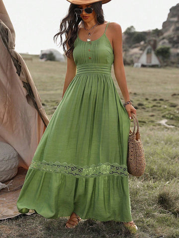 Women'S Splice Lace Cami Dress With Flounce Hem Long Sundress