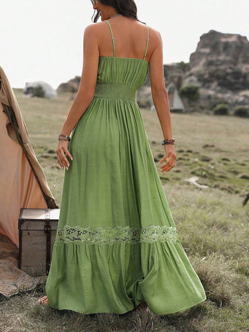 Women'S Splice Lace Cami Dress With Flounce Hem Long Sundress