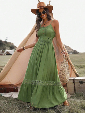 Women'S Splice Lace Cami Dress With Flounce Hem Long Sundress
