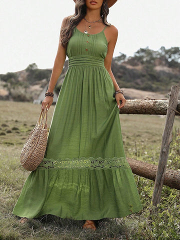Women'S Splice Lace Cami Dress With Flounce Hem Long Sundress