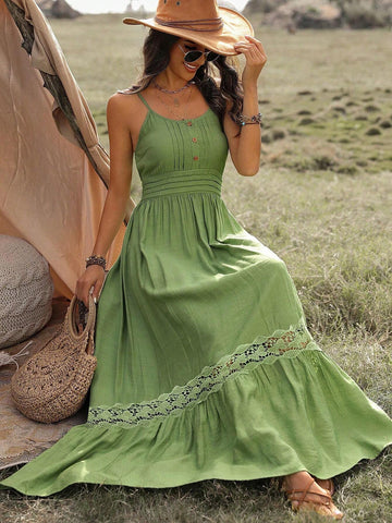 Women'S Splice Lace Cami Dress With Flounce Hem Long Sundress