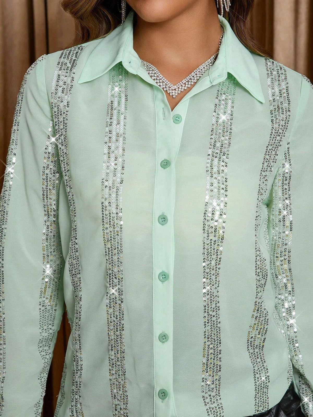 Clasi Women`S Stylish Versatile Long Sleeve Sequin Blouse, Fall Long Sleeve Shirt  Button Down Blouse