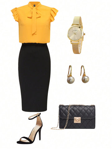 Women'S Tie Neck, Lace Sleeve Blouse And Skirt Set Summer Two Piece Outfits