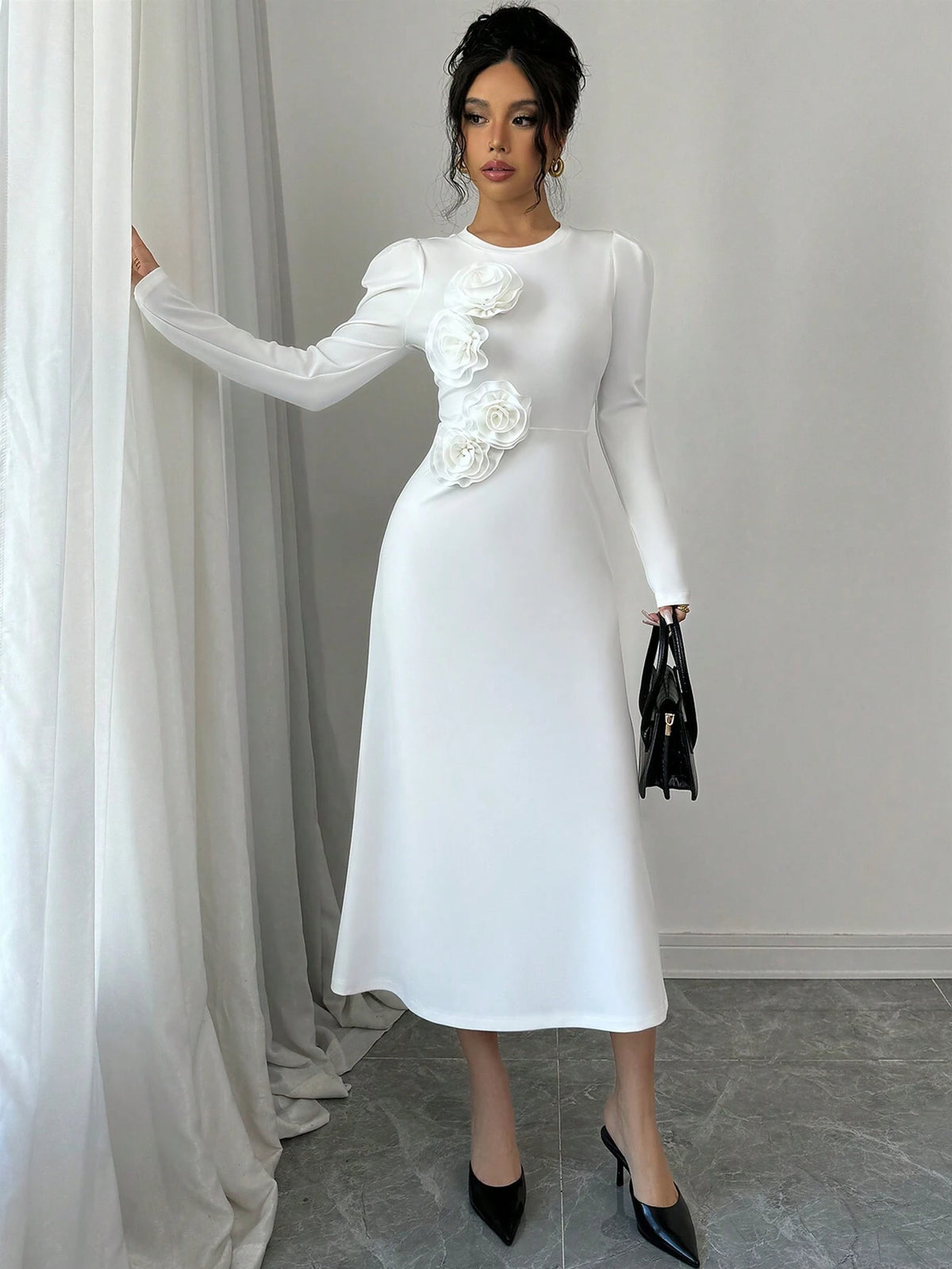 Women 3D Floral Puff Sleeve Fitted Dress