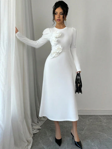 Women 3D Floral Puff Sleeve Fitted Dress