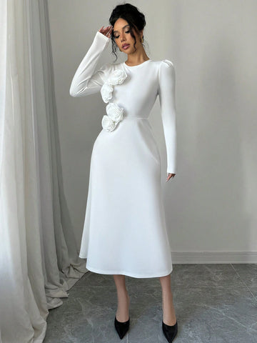 Women 3D Floral Puff Sleeve Fitted Dress