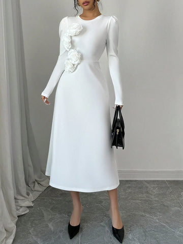 Women 3D Floral Puff Sleeve Fitted Dress