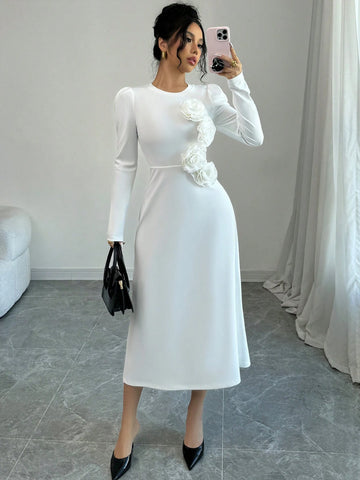 Women 3D Floral Puff Sleeve Fitted Dress