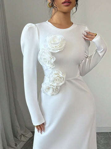 Women 3D Floral Puff Sleeve Fitted Dress