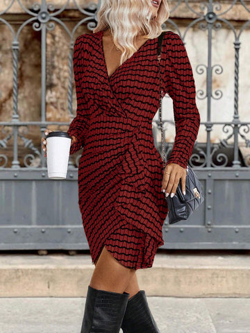 Women All-Over Print Wrap Fitted Mini Dress, Casual Autumn