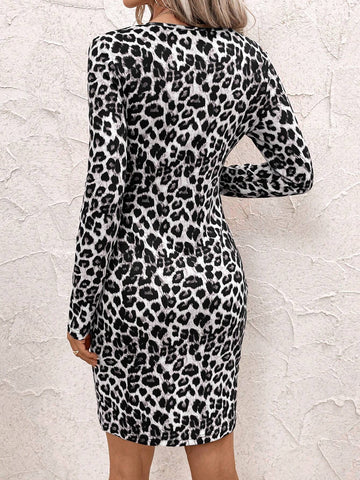 Women Autumn Short Leopard Print Bodycon Dress With Keyhole Neckline, Long Sleeve