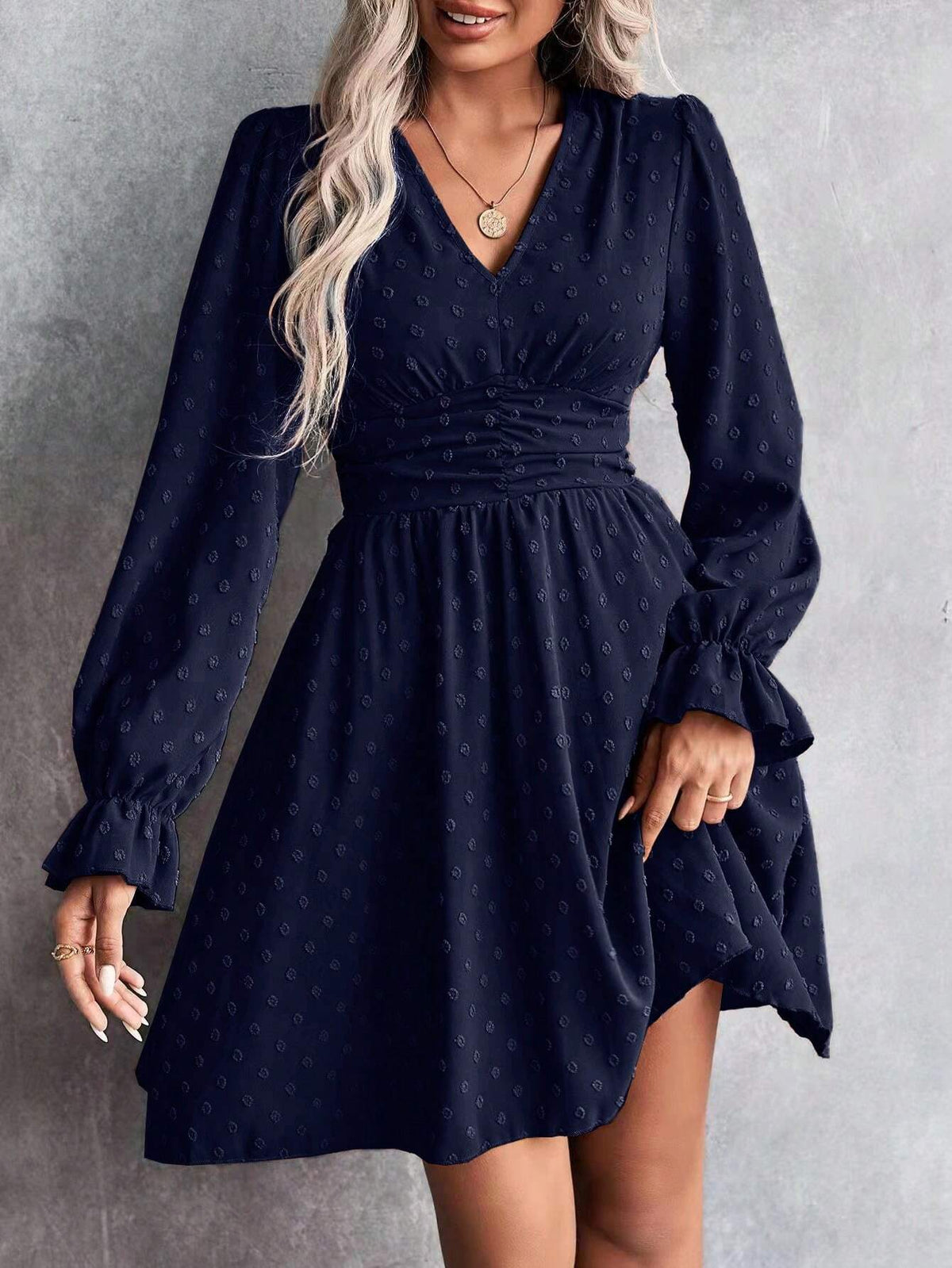 Women Autumn V-Neck Long Sleeve Elegant Jacquard Short Dress