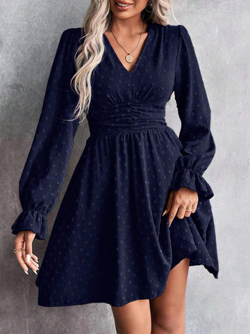Women Autumn V-Neck Long Sleeve Elegant Jacquard Short Dress