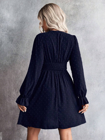 Women Autumn V-Neck Long Sleeve Elegant Jacquard Short Dress