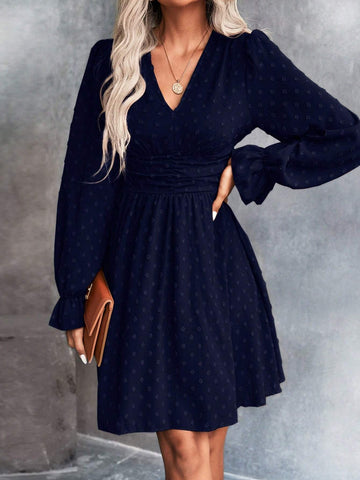 Women Autumn V-Neck Long Sleeve Elegant Jacquard Short Dress
