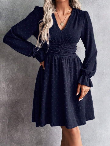Women Autumn V-Neck Long Sleeve Elegant Jacquard Short Dress
