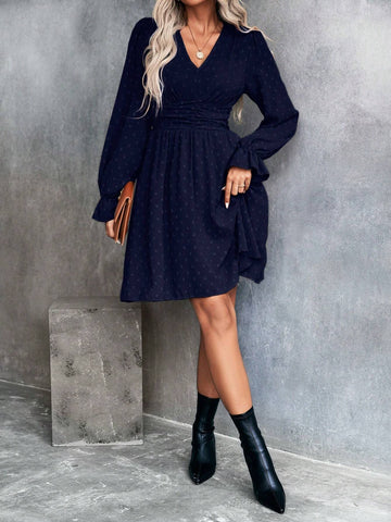 Women Autumn V-Neck Long Sleeve Elegant Jacquard Short Dress