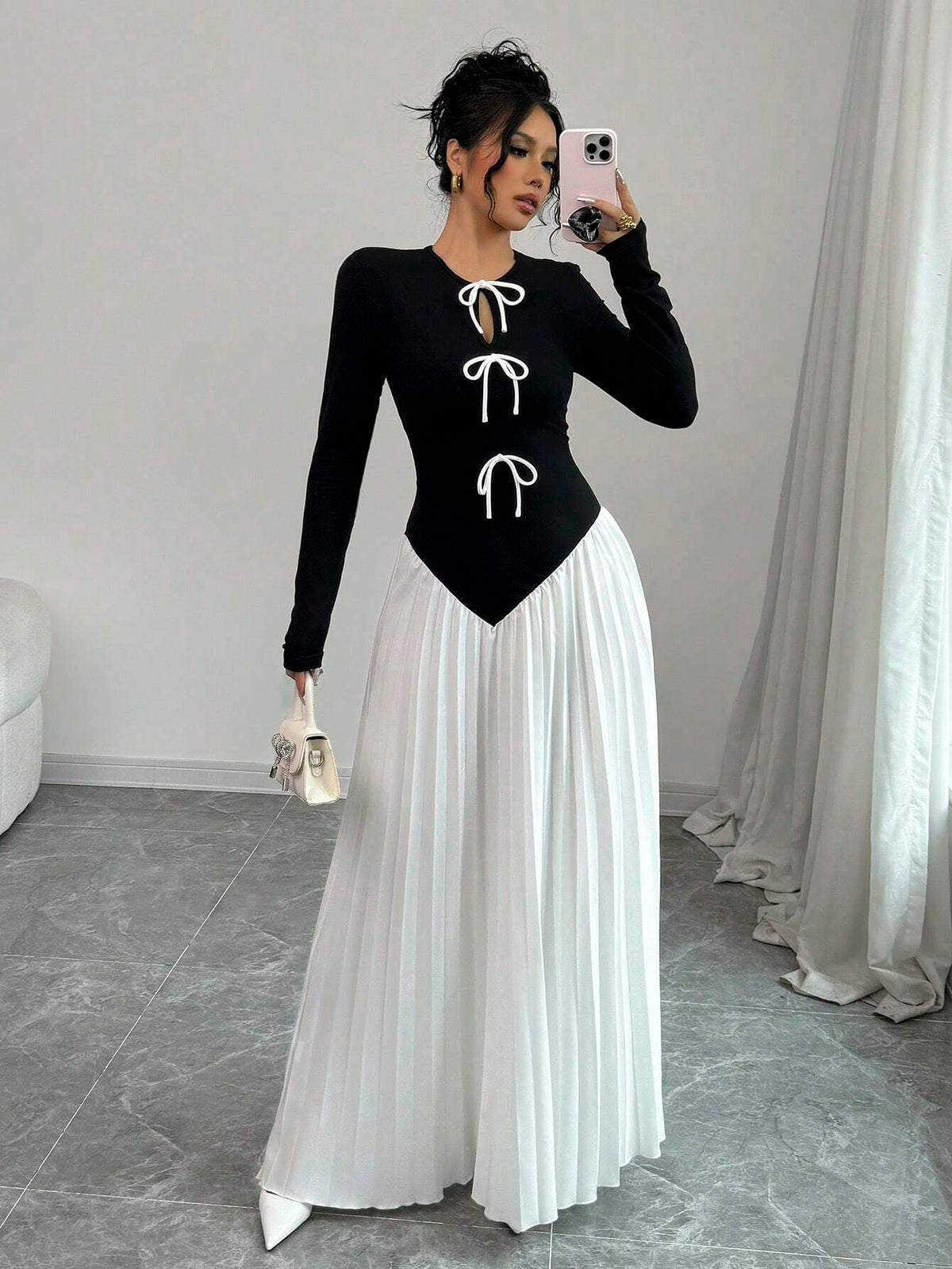 Women Bow Tie Pleated Patchwork Design Dress