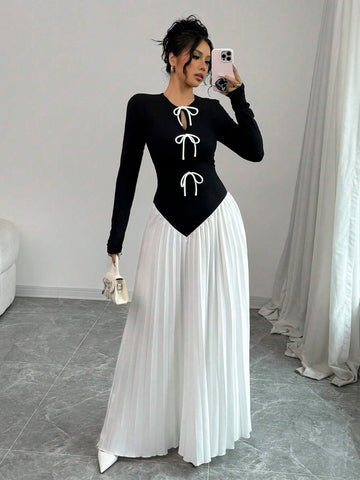 Women Bow Tie Pleated Patchwork Design Dress